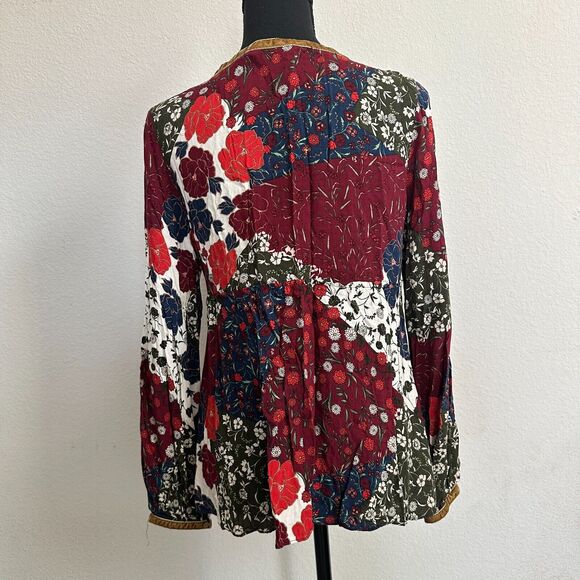 Zara Trafaluc Top Medium Patchwork Babydoll Dark Floral Bohemian Velvet Trim - Picture 4 of 8